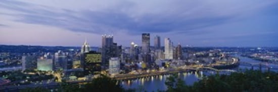 Buildings lit up at night Monongahela River Pittsburgh Pennsylvania USA Canvas Art - Panoramic Images (36 x 12)