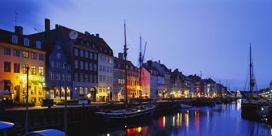 Buildings lit up at night Nyhavn Copenhagen Denmark Canvas Art - Panoramic Images (24 x 12)