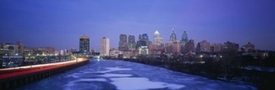 Buildings lit up at night Philadelphia Pennsylvania USA Canvas Art - Panoramic Images (36 x 12)