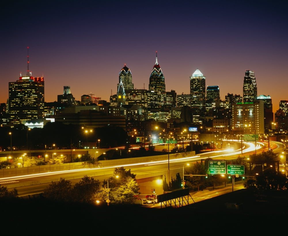 Buildings lit up at night Philadelphia Pennsylvania USA Canvas Art - Panoramic Images (36 x 12)