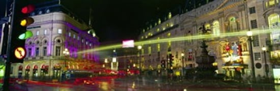 Buildings lit up at night Piccadilly Circus London England Canvas Art - Panoramic Images (36 x 12)