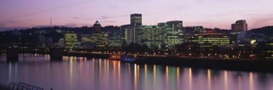 Buildings lit up at night Portland Oregon USA Canvas Art - Panoramic Images (36 x 12)