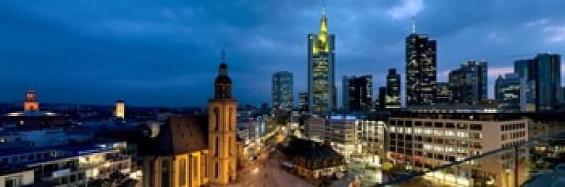 Buildings lit up at night St Catherines Church Hauptwache Frankfurt Hesse Germany Canvas Art - Panoramic Images (18 x 6)