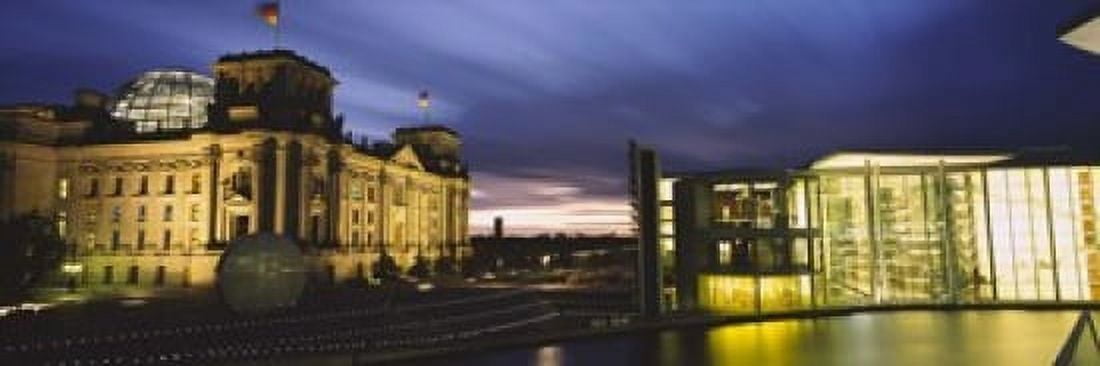 Buildings lit up at night The Reichstag Spree River Berlin Germany Canvas Art - Panoramic Images (18 x 6)