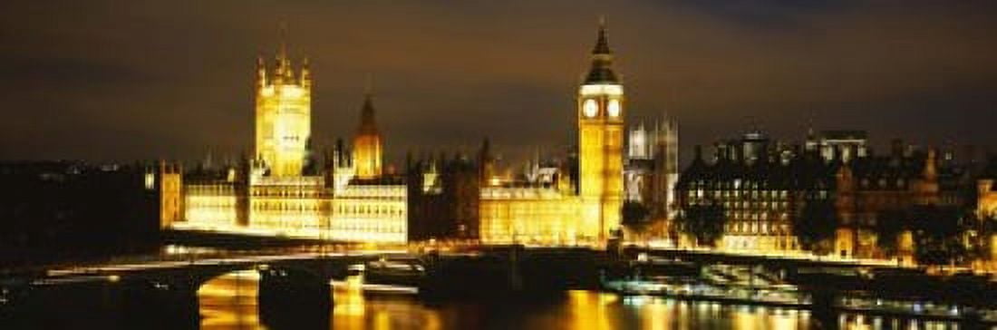Buildings lit up at night Westminster Bridge Big Ben Houses Of Parliament Westminster London England Canvas Art - Panoramic Images (18 x 6)