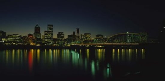 Buildings lit up at night Willamette River Portland Oregon USA Canvas Art - Panoramic Images (24 x 12)