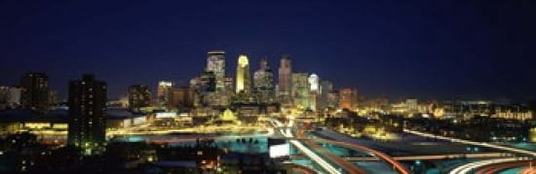 Buildings lit up at night in a city Minneapolis Hennepin County Minnesota USA Canvas Art - Panoramic Images (18 x 6)