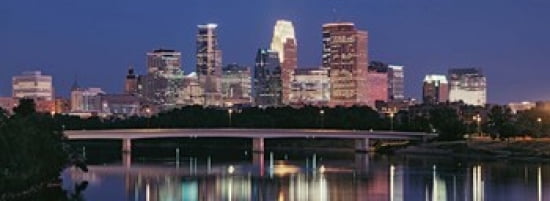 Buildings lit up at night in a city Minneapolis Mississippi River Hennepin County Minnesota USA Canvas Art - Panoramic Images (36 x 13)