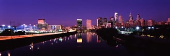 Buildings lit up at the waterfront Philadelphia Schuylkill River Pennsylvania USA Canvas Art - Panoramic Images (36 x 12)