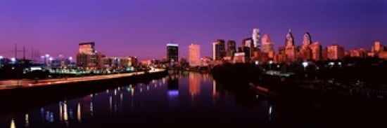 Buildings lit up at the waterfront Philadelphia Schuylkill River Pennsylvania USA Canvas Art - Panoramic Images (36 x 12)