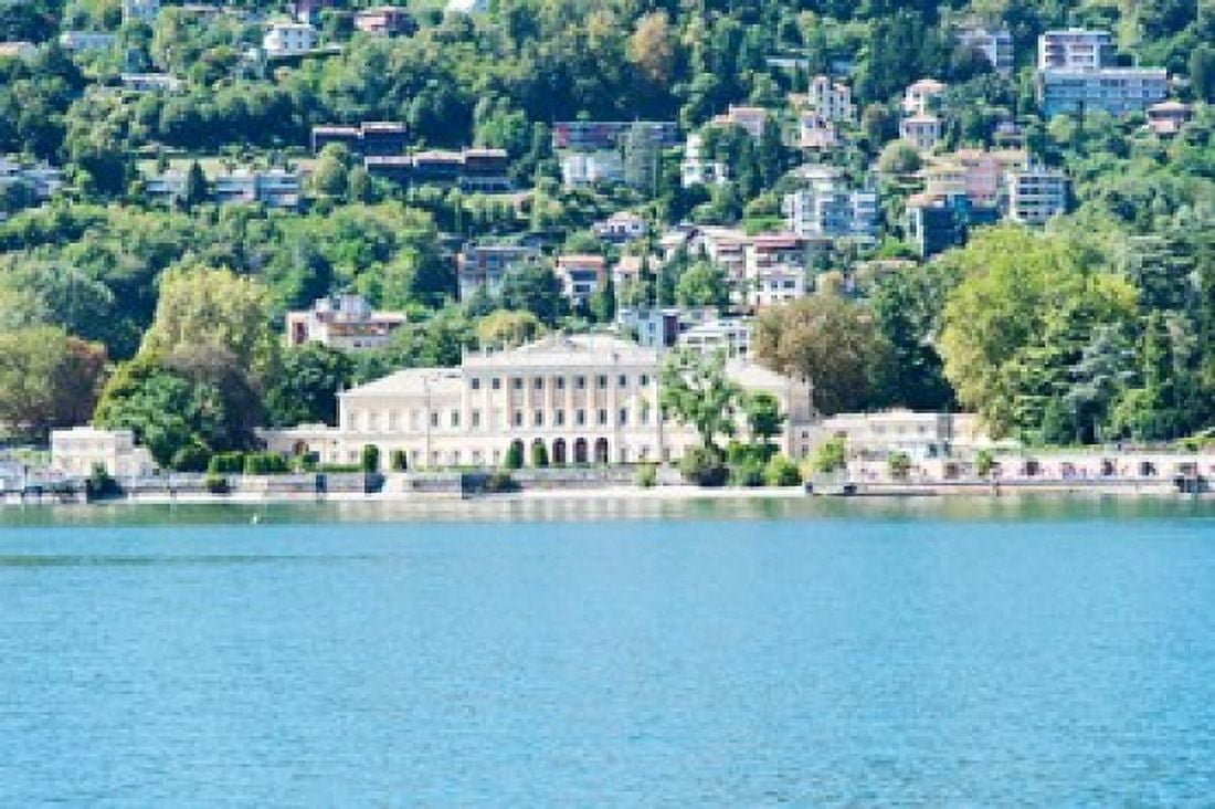 Buildings on a hill Villa Olmo Lake Como Lombardy Italy Canvas Art - Panoramic Images (36 x 24)