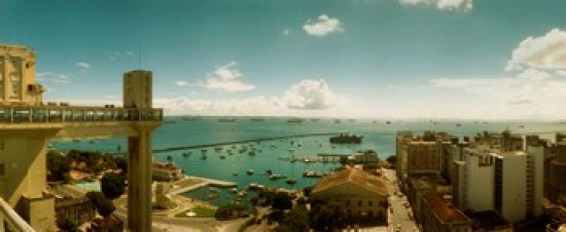 Buildings on the coast Lacerda Elevator Pelourinho Salvador Bahia Brazil Canvas Art - Panoramic Images (30 x 13)