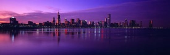 Buildings at the waterfront lit up at dusk Sears Tower Hancock Building Lake Michigan Chicago Cook County Illinois USA Canvas Art - Panoramic Images (36 x 12)
