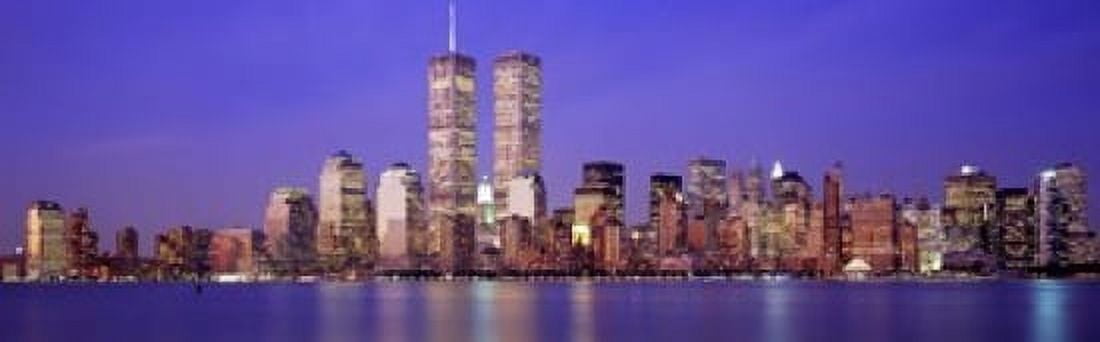 Buildings at the waterfront lit up at dusk World Trade Center Wall Street Manhattan New York City New York State USA Canvas Art - Panoramic Images (18 x 6)