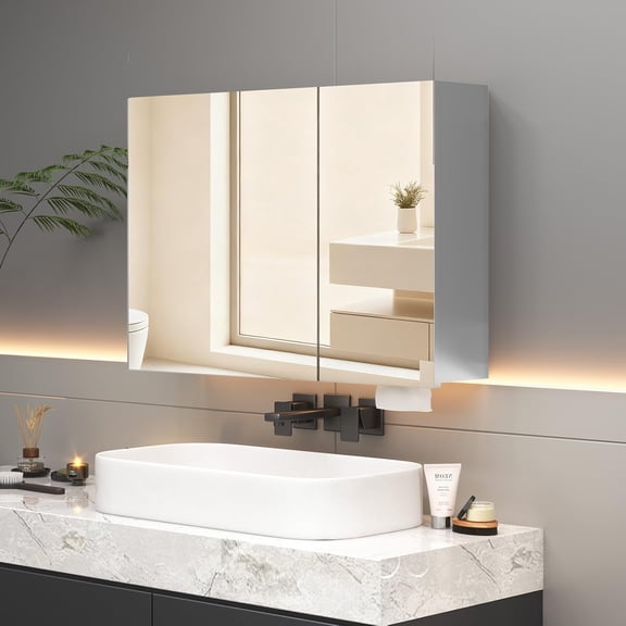 Buildonely 24 x 32 inch Bathroom Medicine Cabinet with Mirror, Sliver Metal Framed Mirror Medicine Cabinet with Storage, Pre-Assemble Medicine Cabinets for Bathroom, Recessed or Surface Mount