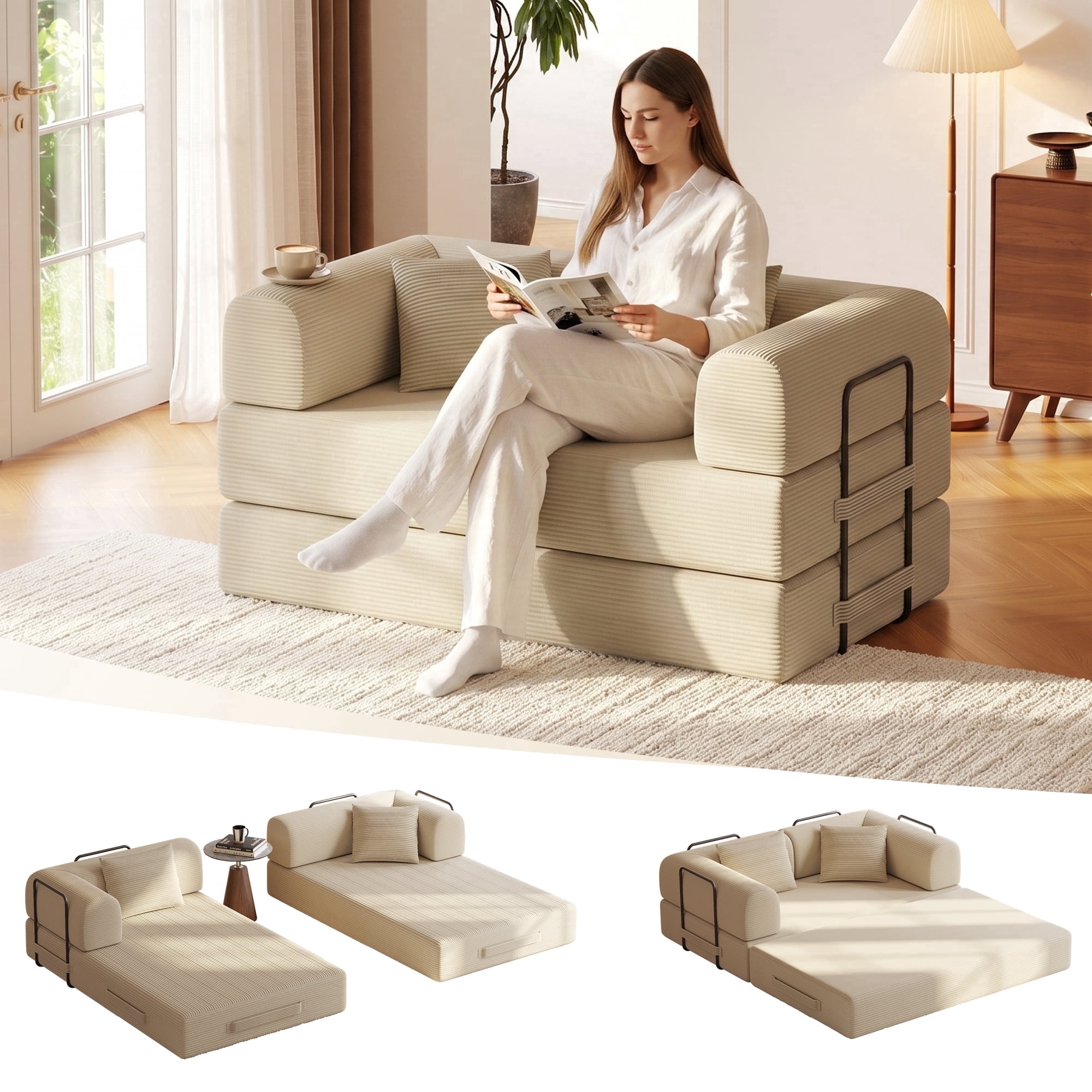 59in Convertible Sofa Bed Corduroy Boneless Couch Bed Foldable Sofa Bed Pull Out Bed Futon Sleeper Sofa No Assembly