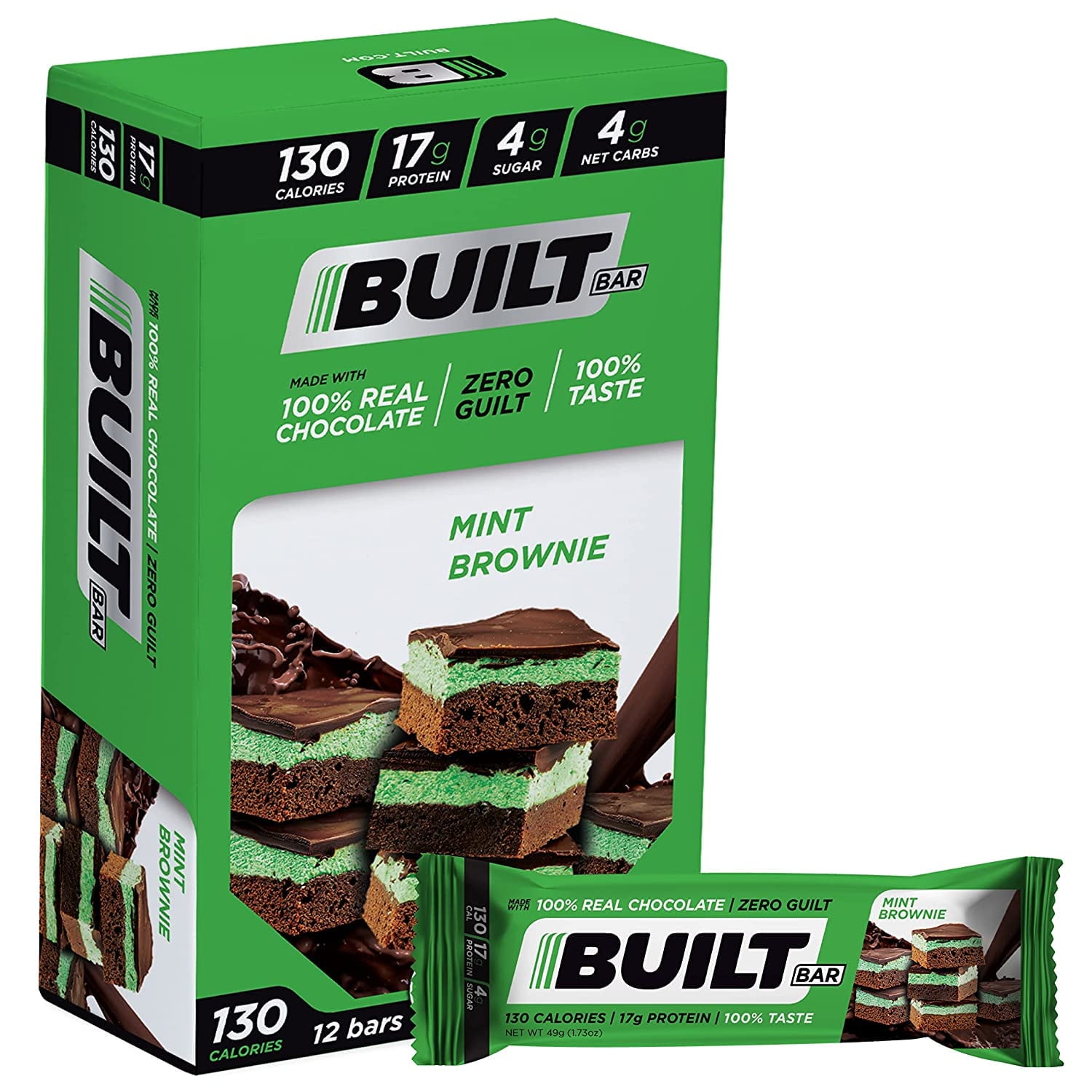 Built Bar 12 Pack High Protein and Energy Bars - Low Carb, Low Calorie, Low Sugar - Covered in 100% Real Chocolate - Delicious, Healthy Snack - Gluten Free (Mint Brownie)