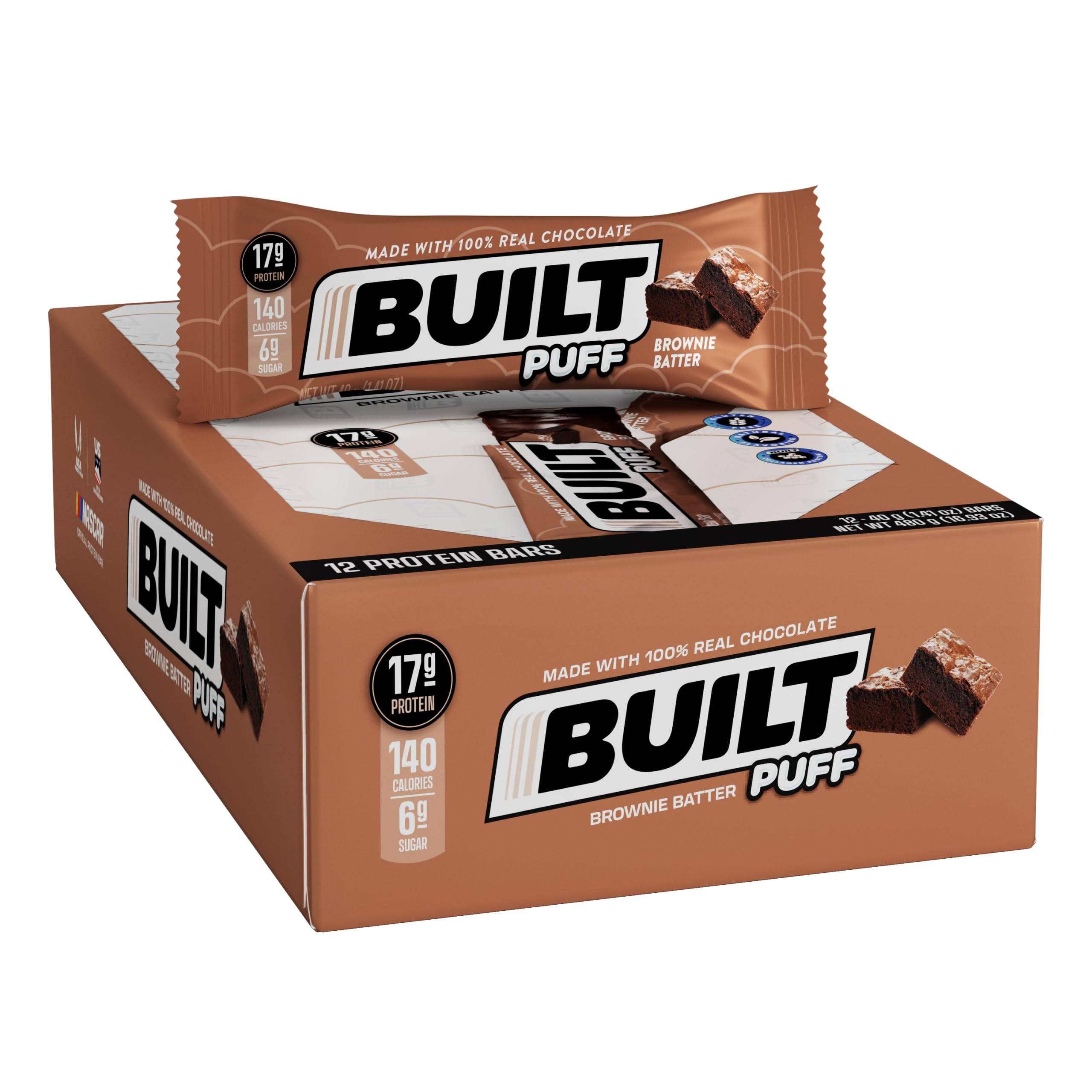 Built Bar 12 Pack High Protein and Energy Puffs- Low Carb, Low Calorie, Low Sugar- Delicious, Healthy Snack - Gluten Free (12-Pack, Brownie Batter)