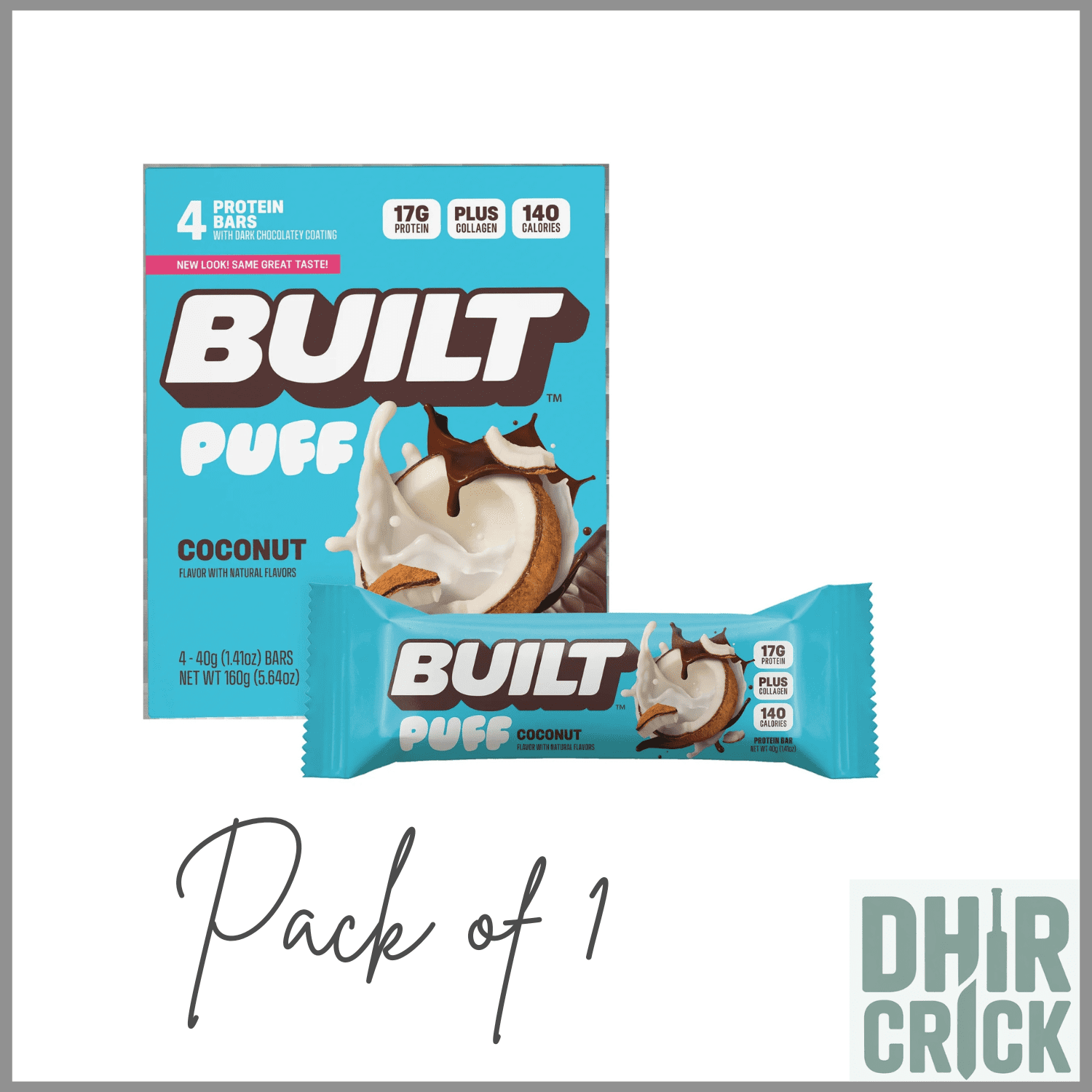 Built Bar Protein Bar, Coconut Puff, 17g Protein, Collagen, 140 Calories, 4 Count Box, 1.41 oz Bars ( pack of 1 )