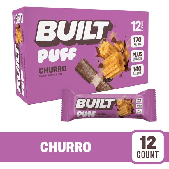 BUILT Bar Puff Protein Snack Bars, 17g Protein, Churro Puff, Gluten Free - 12 Pack
