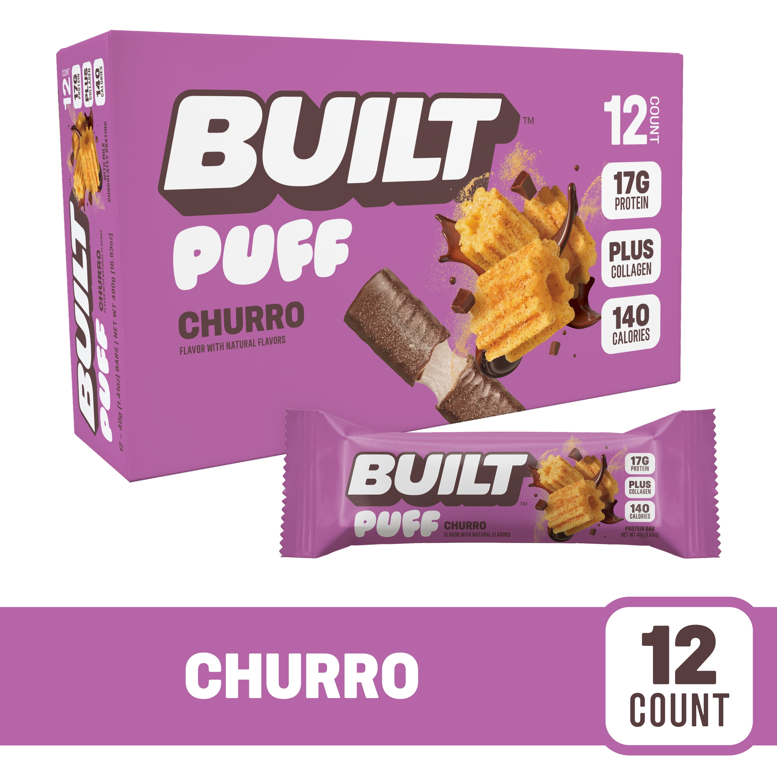 Walmart Deal of Walmart Black Friday Deals 2025 - Built Bar, Churro Puff Protein Bars, Cinnamon Flavor, 12 Count, 17g Protein, Collagen