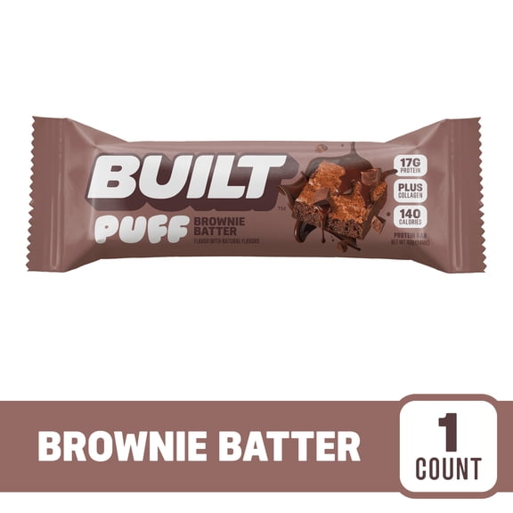 BUILT Puff Protein Bar, Brownie Batter, 17g Protein, Collagen, 140 Calories, Single 1.41 oz Bar