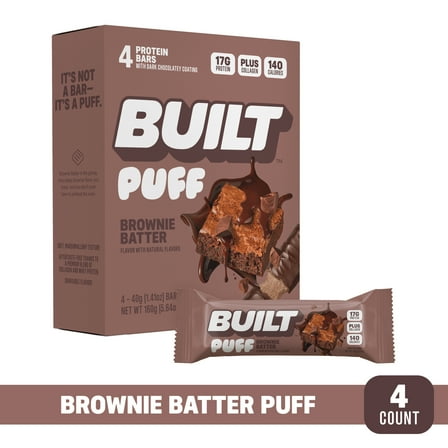 BUILT Puff Protein Bar, Brownie Batter, 17g Protein, Collagen, 140 Calories, 4 Count Box, 1.41 oz Bars