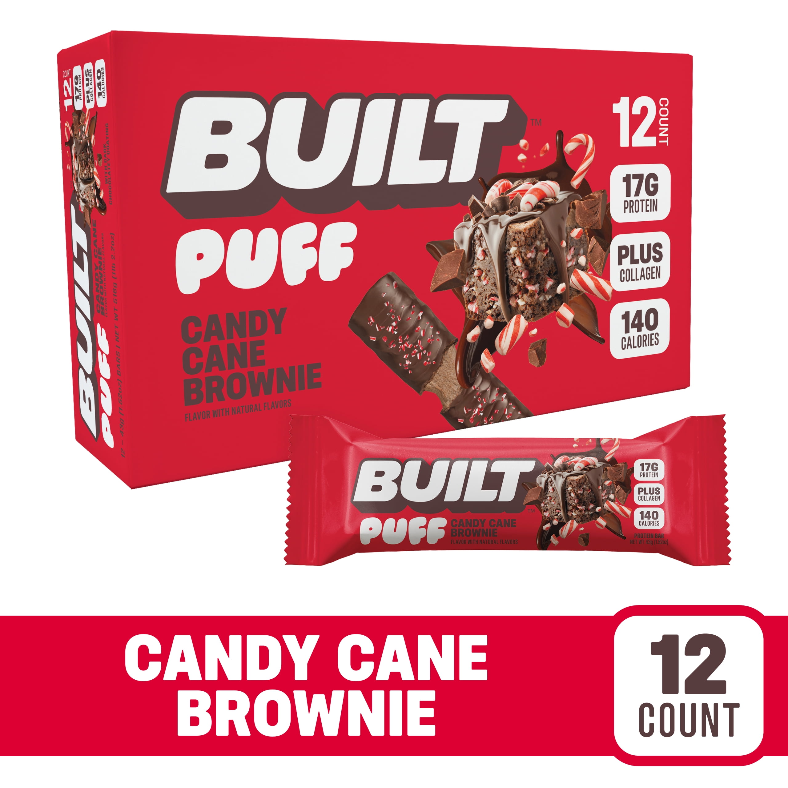 BUILT Bar Puff Protein Snack Bars, 17g Protein, Candy Cane Brownie ...