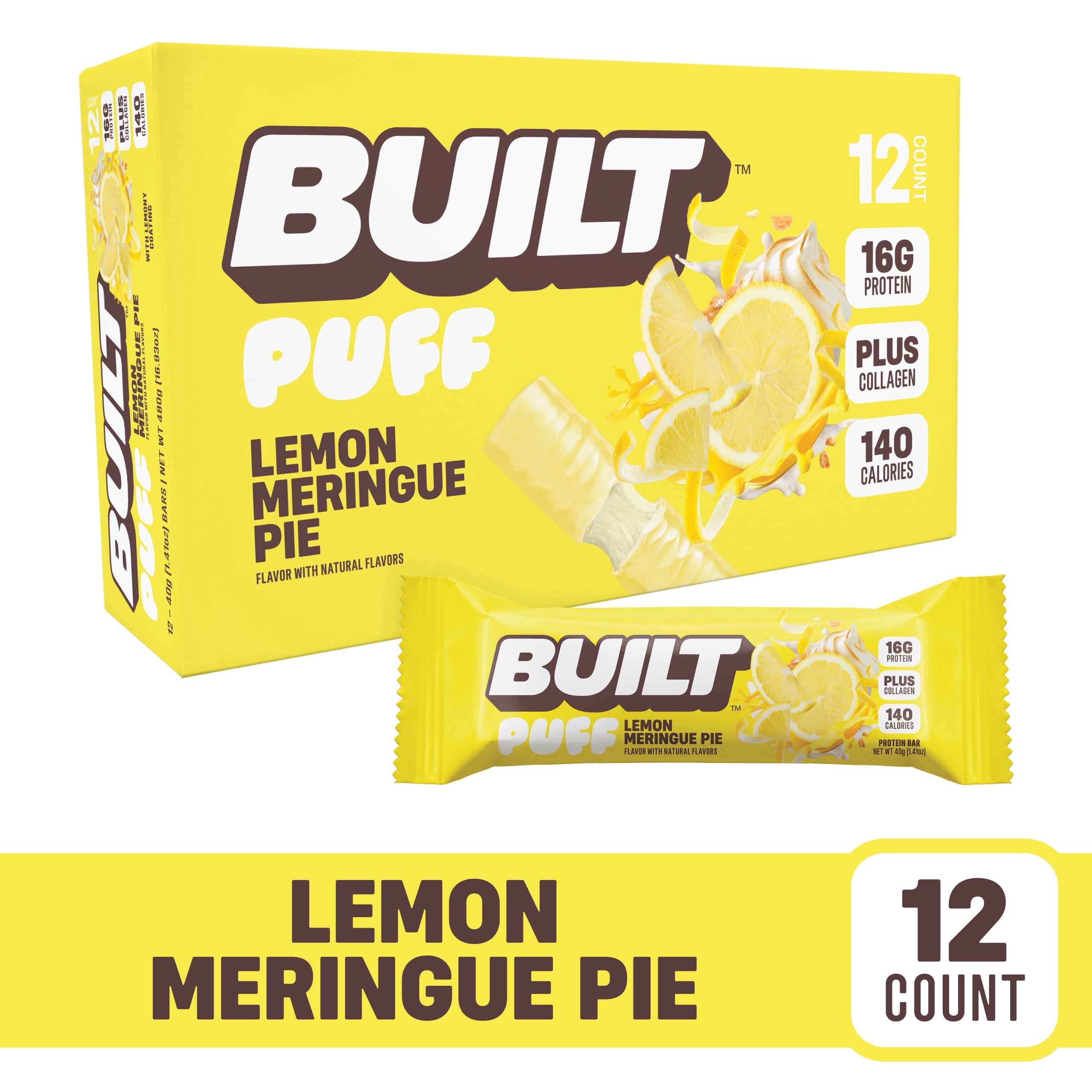 BUILT Puff Protein Bar, Lemon Meringue Pie, 16g Protein, Collagen, 140 Calories, Single 1.41 oz Bar
