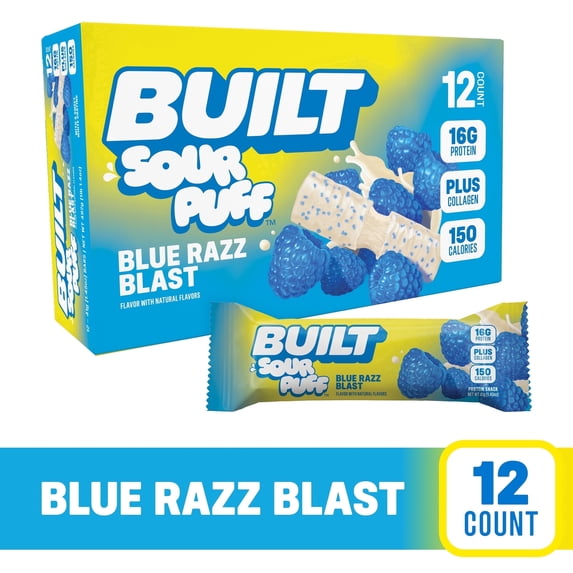 BUILT Bar Sour Puff Protein Bars, Blue Razz Blast, Gluten Free, Sour Candy Snacks - 12ct
