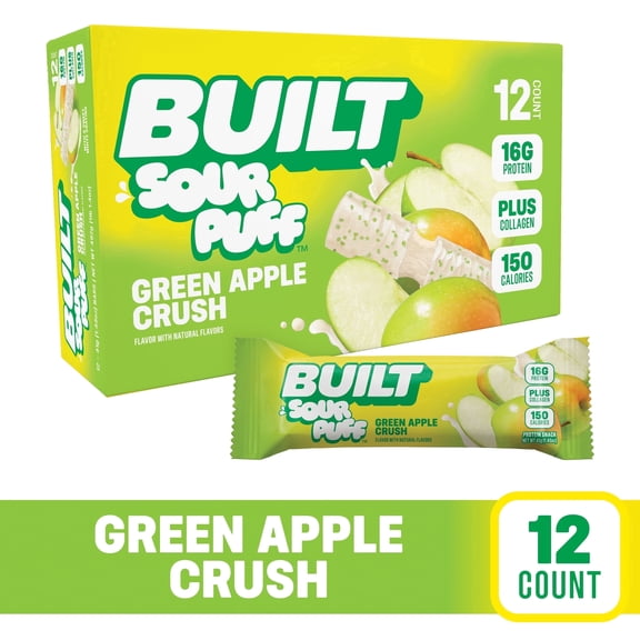 BUILT Bar Sour Puff Protein Bars, Green Apple Crush, Gluten Free, Sour Candy Snacks - 12ct