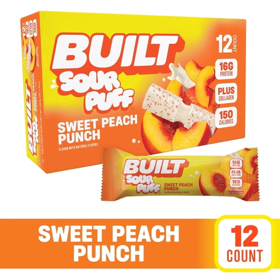 BUILT Bar Sour Puff Protein Bars, Sweet Peach Punch, Gluten Free, Sour Candy Snacks - 12ct