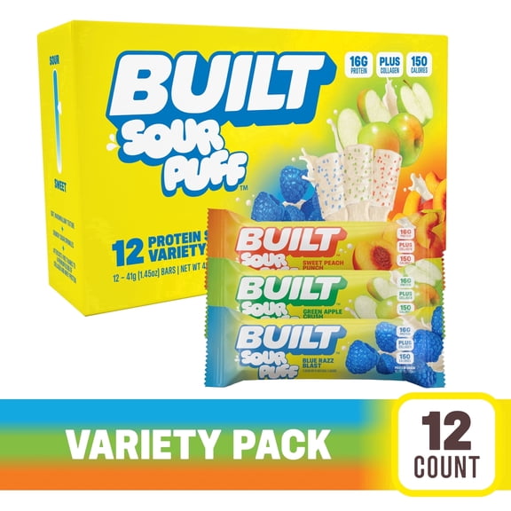 BUILT Bar Sour Puff Protein Bars, Variety Pack, Gluten Free, Sour Candy Snacks - 12ct