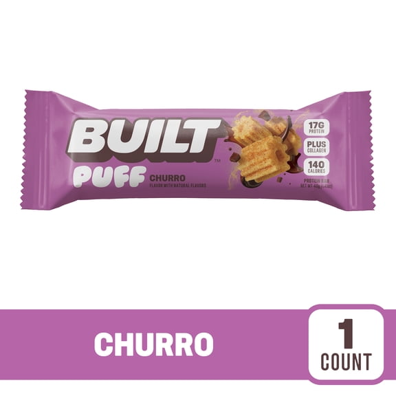 BUILT Puff Protein Bar, Churro, 17g Protein, Collagen, 140 Calories, Single 1.41 oz Bar