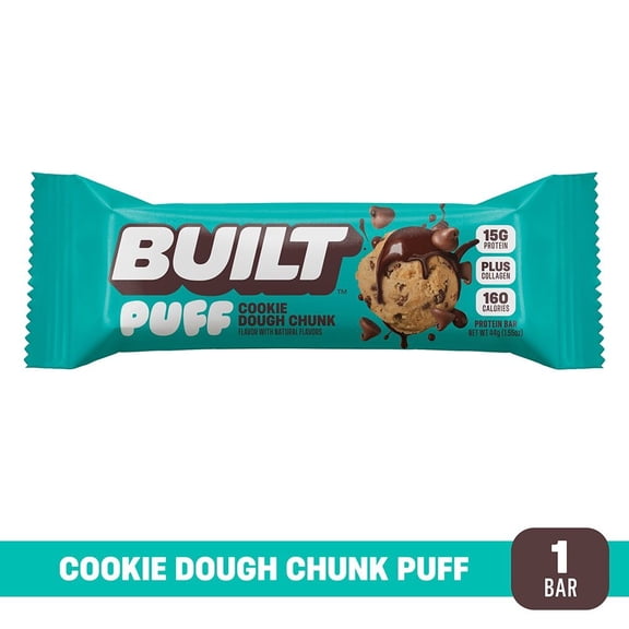 BUILT Puff Protein Bar, Cookie Dough Chunk, 15g Protein, Collagen, 160 Calories, Single 1.55 oz Bar