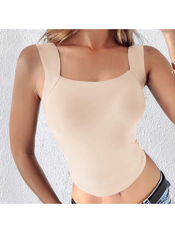 Built In Bra Tank Tops Bra Free U Neck Shapewear Workout Tops Compression Tank No Bra Needed Under Shirts Bra Tops Going Out Tops Seamless Wide Strap Yoga Sports Bra Soft Support Khaki XL