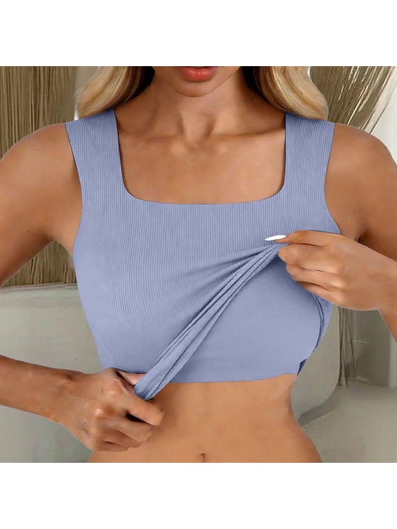 Built In Bra Tank Tops Square Neck Womens Camisole Crop Tops Yoga Tops Workout Tops Double Lined Slim Cami Shirt Sleeveless Bra Tops Camisole Tops Tube Top Shirt With Built In Bra Blue L