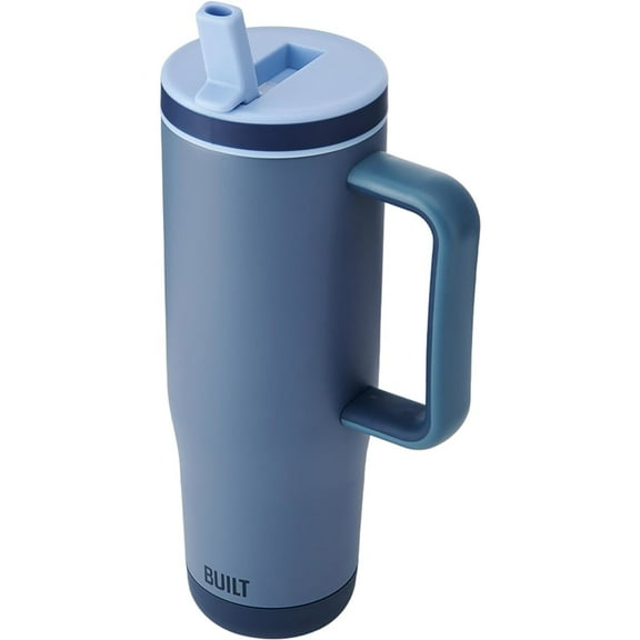 BUILT Cascade 40 oz Stainless Steel Tumbler Water Bottle with Flip Top Straw and Handle, Blue