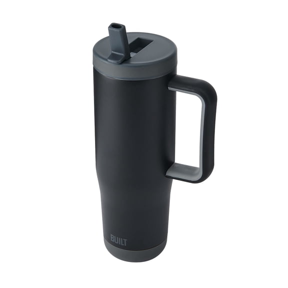 BUILT Cascade 40 oz Stainless Steel Tumbler Water Bottle with Flip Top Straw and Handle, Black