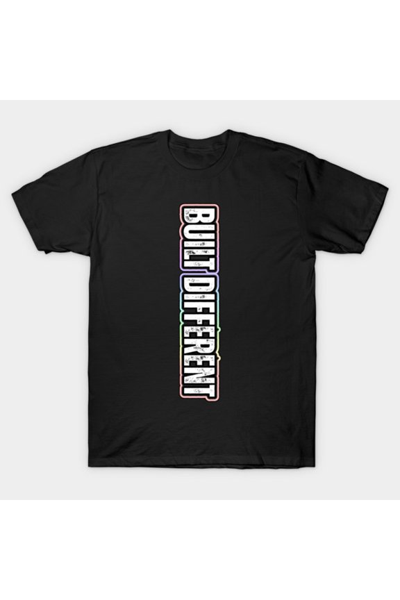 Built Different Pastel Identity Vertical Typography Technical Tech Design Unisex T-Shirt, up to size 3XL.