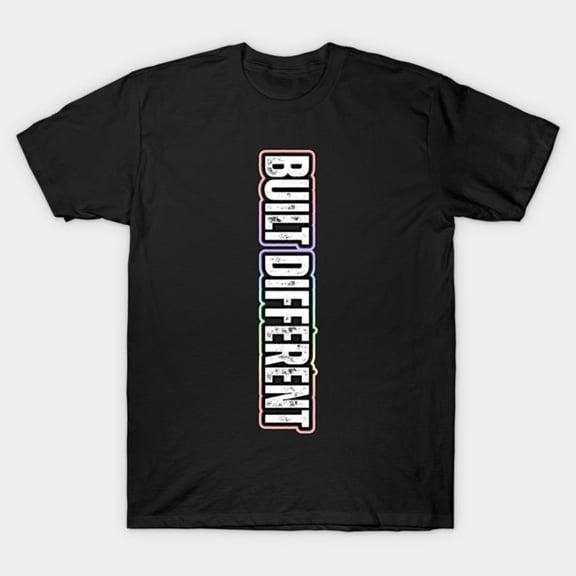 Built Different Pastel Identity Vertical Typography Technical Tech Design Unisex T-Shirt, up to size 3XL.