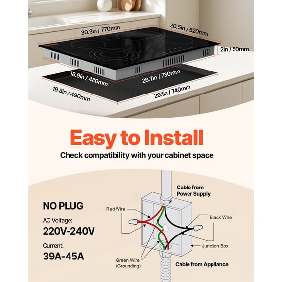 Built in Electric Stove Top,30.3x20.5"4 Burners,240V Glass Radiant Cooktop with Sensor Touch Control,Timer&Child Lock Included,9 Power Levels for Simmer Steam Slow Cook Fry