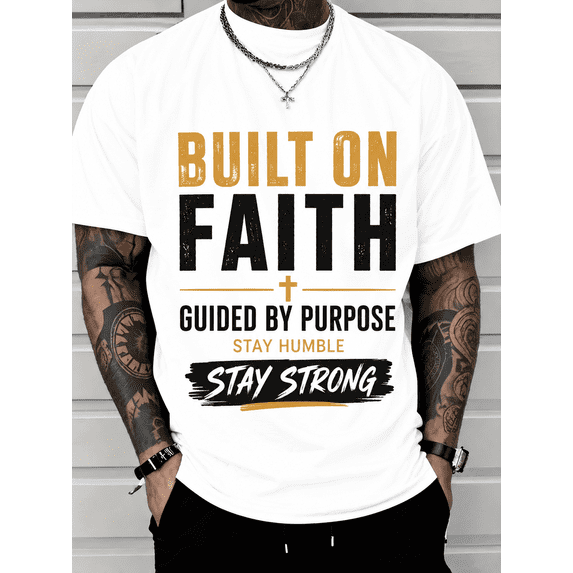 Built on Faith Men's Christian Graphic T-Shirt, Guided by Purpose Inspirational Short Sleeve Crew Neck Tee, Motivational Faith-Based Casual Shirt, Stay Humble Stay Strong Gift