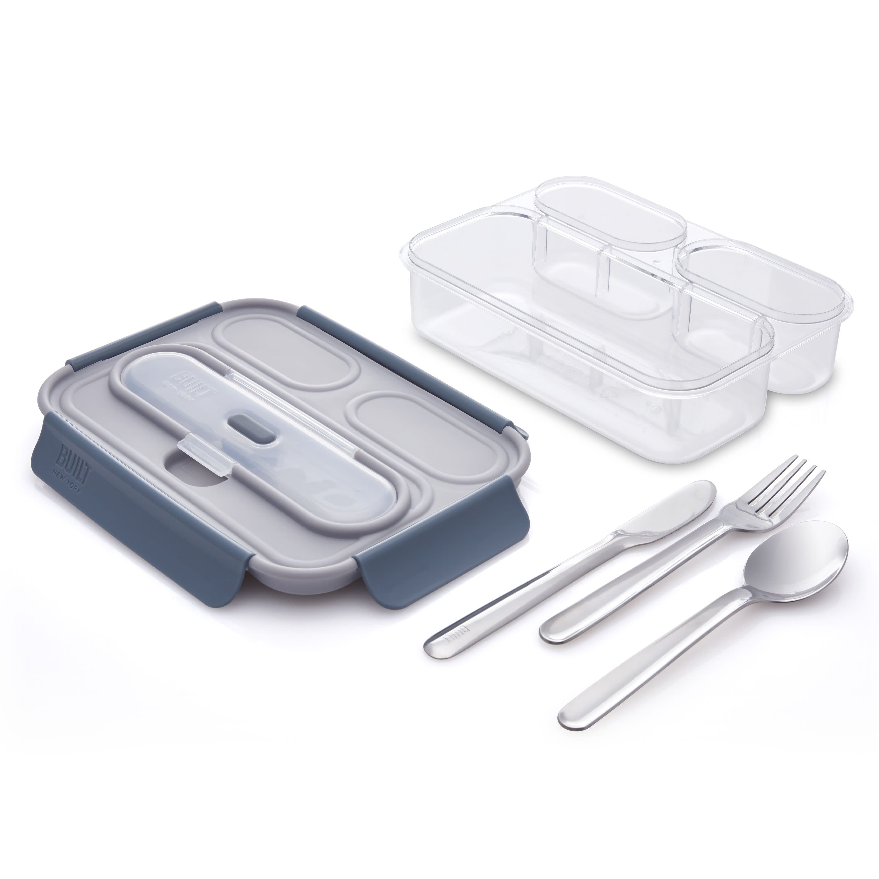 Built Gourmet 3 Compartment Tritan Bento Set with Stainless Steel Utensils  in Gray