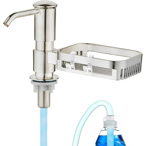 Built-In Soap Dispenser Pump for Kitchen Sink - Brushed Nickel ABS Pump Head with 38" Extension Tube & Sponge Holder - Under Counter Liquid Soap/Lotion Dispenser - Strong Suction Power, Easy Install