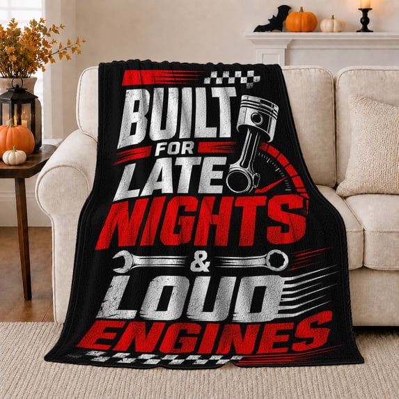 Built for Late Nights and Loud Engines Quote, Bold Mechanic Graphic Art for Car Fans, Red Piston Motif Cozy Flannel Blanket, Father's Day Gift for Garage and Workshop Home Decor