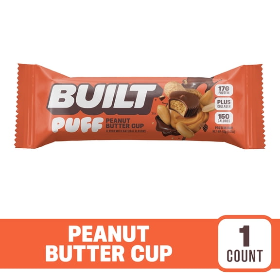 BUILT Puff Protein Bar, Peanut Butter Cup, 17g Protein, Collagen, 150 Calories, Single 1.41 oz Bar
