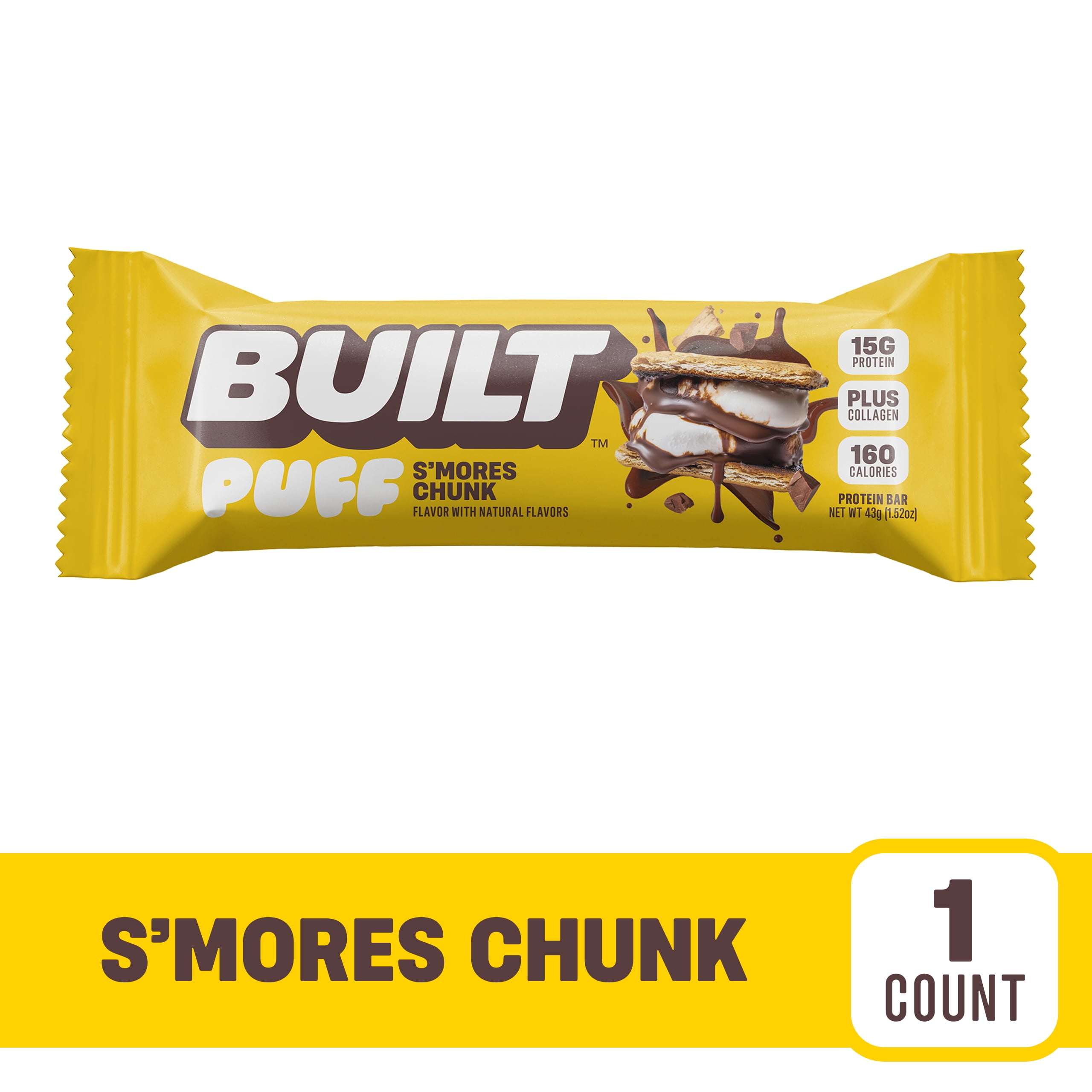 BUILT Puff Protein Bar, S'mores Chunk, 15g Protein, Collagen, 160 Calories, Single 1.52 oz Bar