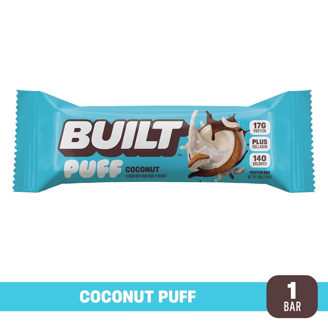 Built Puffs Protein Bar, Coconut, 17g Protein, Collagen, 140 Calories, Single 1.41 oz Bar