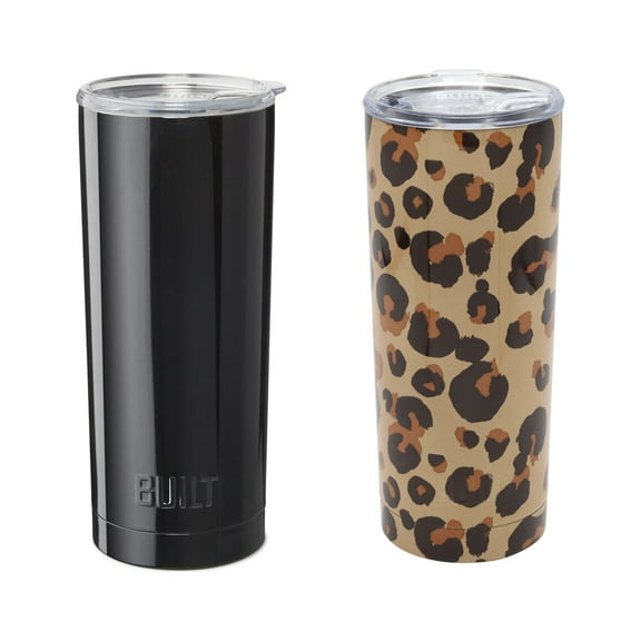 Built (Set of 2) 20-Ounce Double Wall Stainless Steel Vacuum Insulated Tumblers, 20-Ounces, Black and Sabi Leapard